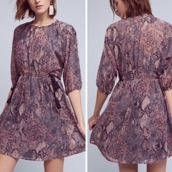 ANTHROPOLOGIE Floreat Zarrah Blue Python Print Tassle Side Tie Mini Dress XS - Picture 1 of 7